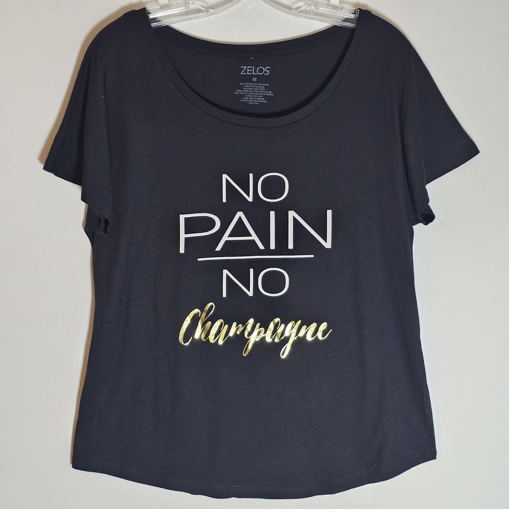Zelos Shirt Womens Medium Black No Pain No Champagne Graphic Tee Top Workout